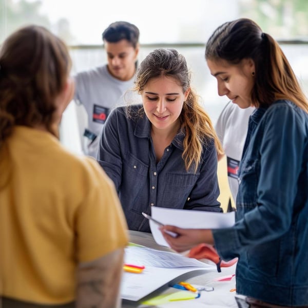 Volunteers organizing papers at a tablle