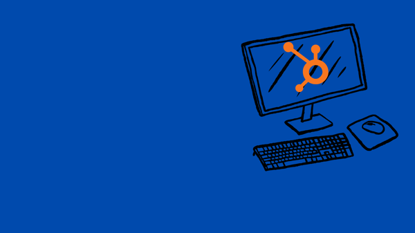 A dark blue background with a computer that has the HubSpot logo on the screen.