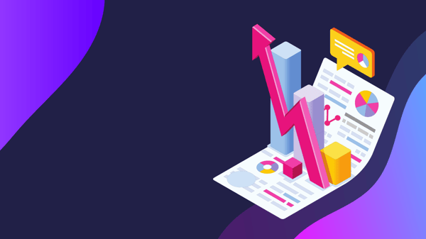 A purple background with charts representing data growth